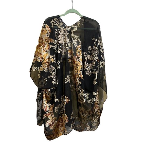Angie Women's Bell Sleeve Kimono Jacket – Flowy Floral Print, Mid-Calf Length Transitional Cover-Up - View #9